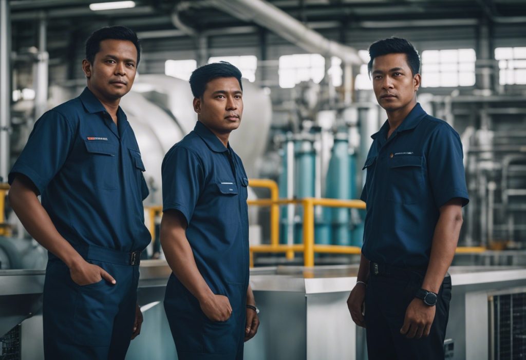 three engineers with brown skin from Indonesia are standing posing in front of a desalination machin Beranda
