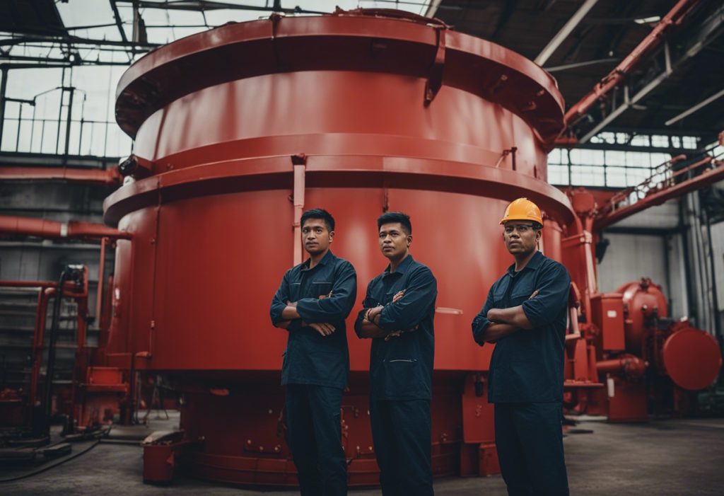 three engineers with brown skin from Indonesia are standing posing in front of a red boiler machine Beranda